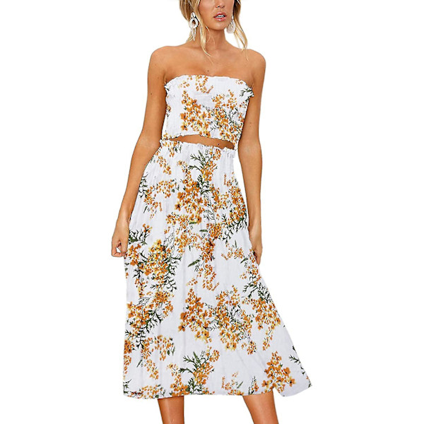 Blomsterbluse til kvinder, Maxi Nederdel Suit Kjole Gul Yellow X-Large