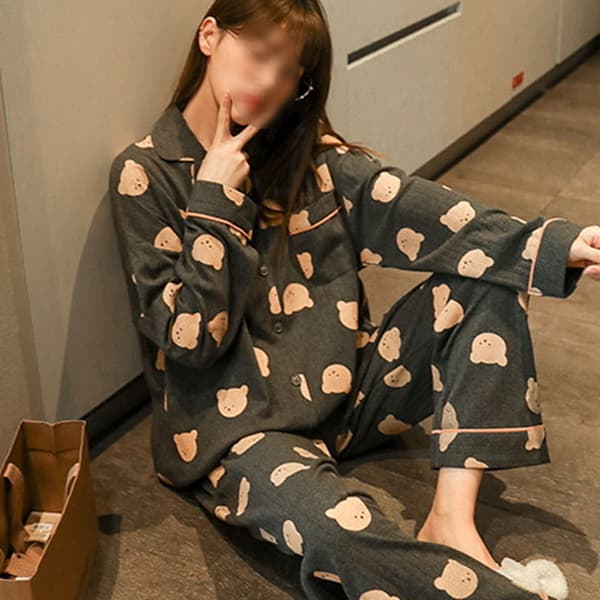 Nattøj Pyjamas Dame forår og efterår bomuld langærmet tynd XXL