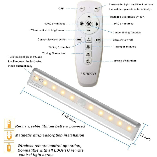 Kök LED-lys Trådløs fjernkontrol Spotlight Hela huset Stick LED-lys med magnetremsa/Auto On/Off Timer, Sølv 2.