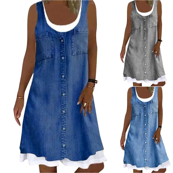 Dame Fake Denim Solid Casual Løs Lin Midi-kjole grå grey XL