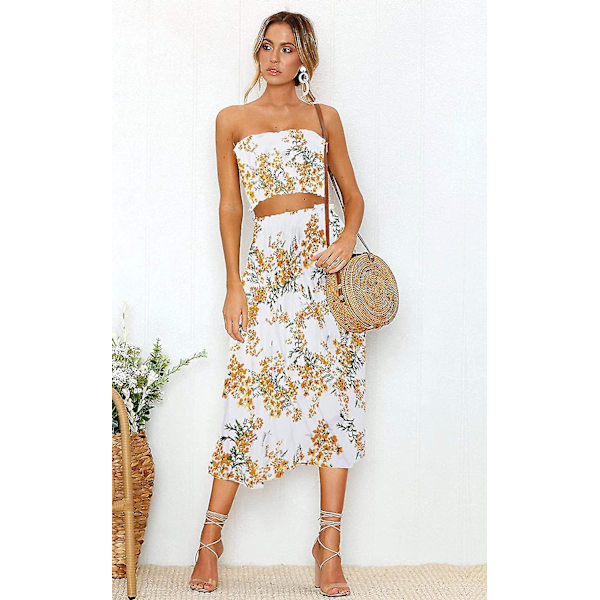 Blomsterbluse til kvinder, Maxi Nederdel Suit Kjole Gul Yellow X-Large