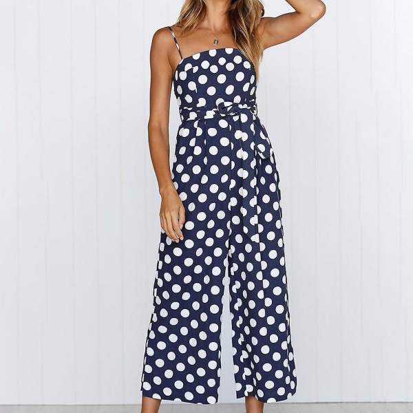 Kvinners Strappy Holiday Playsuit Dame Jumpsuit Beach Dot Printed Wide Leg For Summer Ny Mørkeblå Dark Blue M