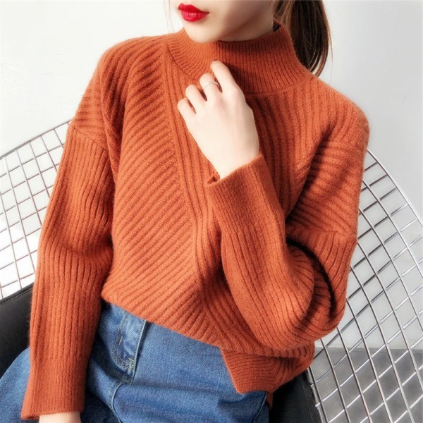 Dame piger Strikket sweater Halv polo skjorte Løs skjorte med rund hals Sort Black 58*105*45cm
