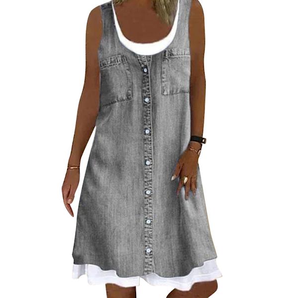 Kvinders Fake Denim Solid Casual Løs Midikjole i linned grå grey XL