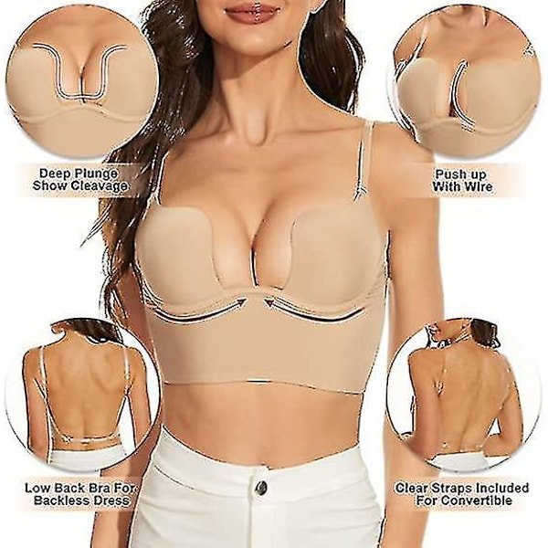 Kvinders lav ryg BH Wire Lifting Dyb U-formet dyk rygløs BH med konvertible klare stropper nøgen Nude 70A