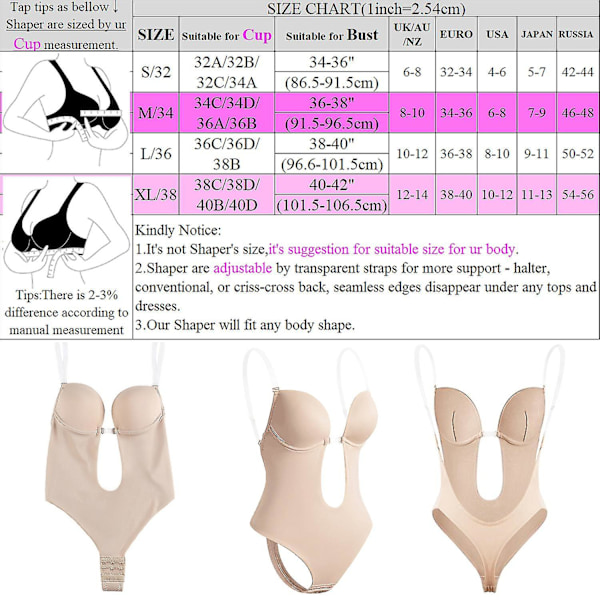 Djup V-ringad kroppsformare för kvinnor Axelbandslös rygglös BH Bodysuit Shapewear U Plunge Seamless stringtrosa Beige L-36