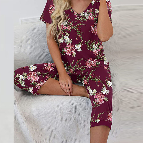 Dampyjamas 2 delar Sovkläder kortärmad Tee & capribyxor Red Red M