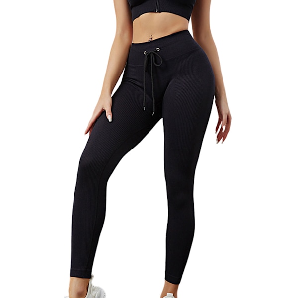 Kvinnor Ribbade Leggings Sömlös Dragsko Yoga Sports Tights Black