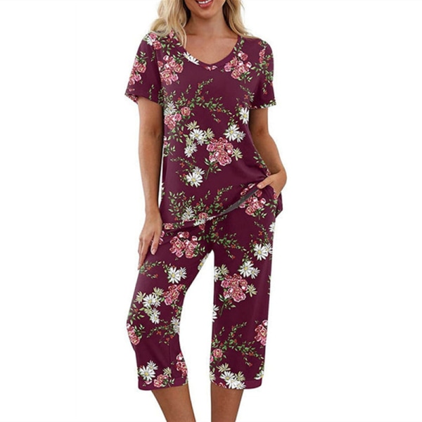 Naisten pyjamat, 2-osainen yöpuku lyhythihainen t-paita ja Capri-housut, punainen Red L