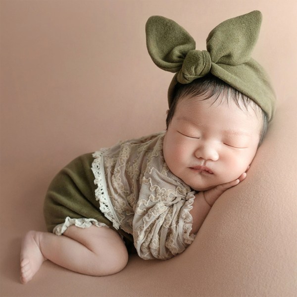 Nyfødt fotorekvisitter Sløyfe hodebånd og blonder Jumpsuits Babyklær Hodeplagg Langermet bukse for jente