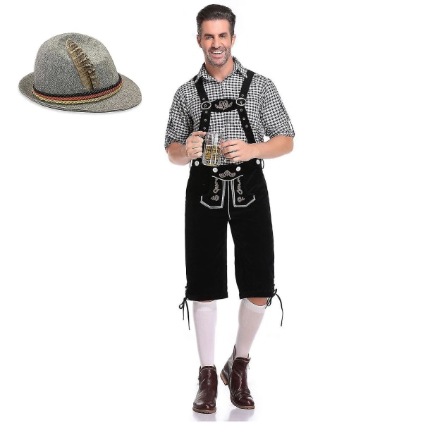 Bayersk Oktoberfest- set för män för utklädningsfest och ölfestival - Traditionell ederhosen, skjorta och hatt för Halloween-kostym Black Black L