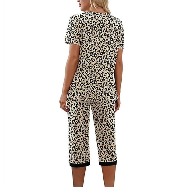 Naisten pyjamat, 2-osainen yöpuku lyhythihainen t-paita ja Capri-housut Khaki Leopard Khaki Leopard 3XL