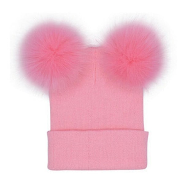 Vinter Varm strikkede Beanies Blød imiteret Pels Dobbelt Pom Beanie Sort