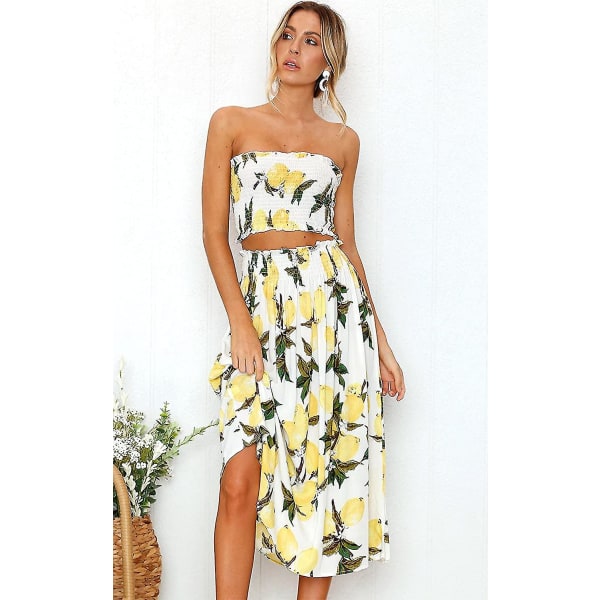 Blomsterbluse til kvinder, Maxi-nederdeldragtkjole Citron Lemon Large