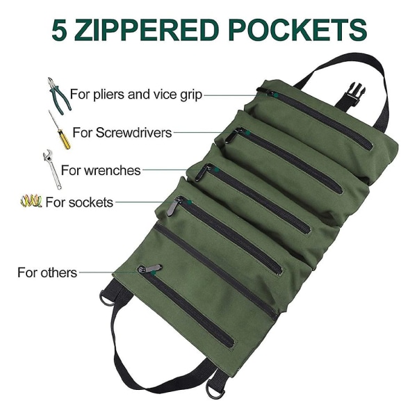 Roll Up Verktygsväska, Canvas skiftnyckel Roll Up Pouch Multifunktionsverktyg Roll Organize, 5 blixtlåsförsedda verktygsfickor green