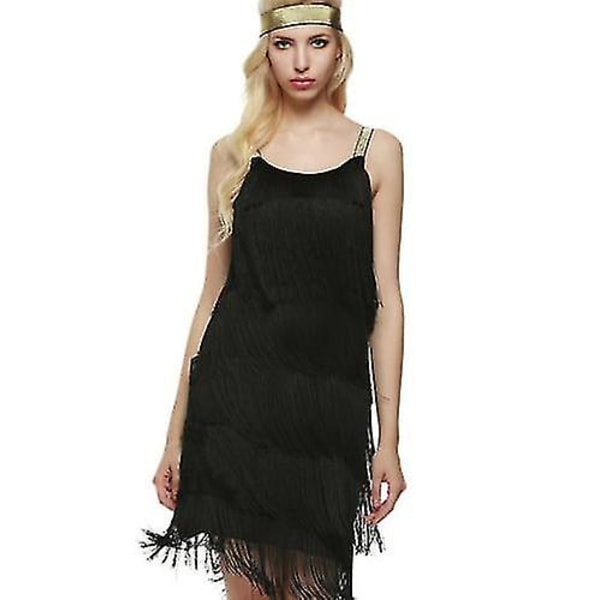 Fantastisk Gatsby Flapper Klänning 1920-talsfest Vintage Tofs Damfransar Black Black M