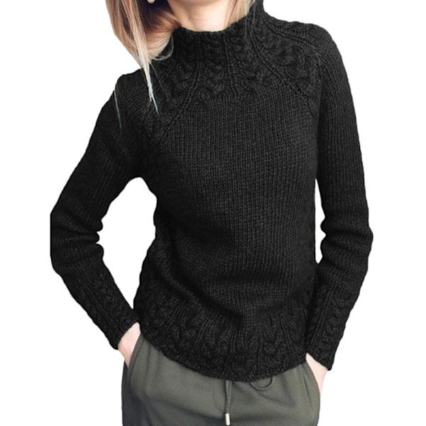 Kvinnor långärmade höghalsade stickade tröjor Enfärgad tröja Black Black 2XL