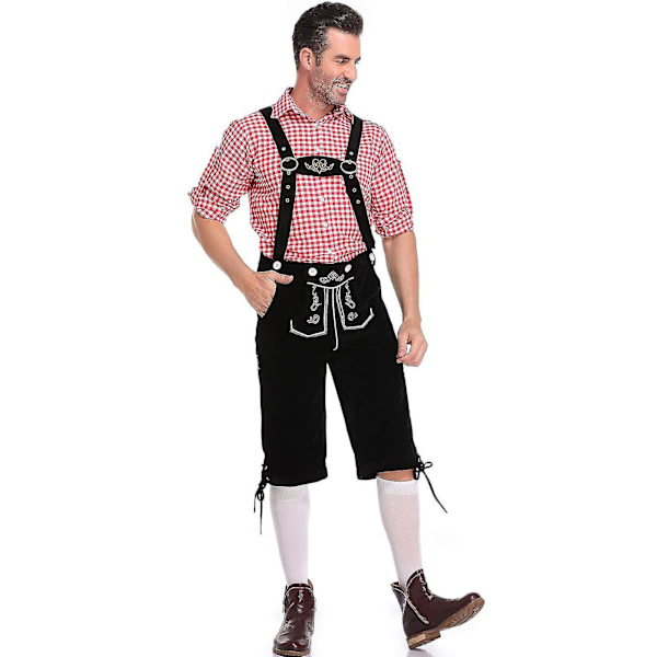 Bayersk Oktoberfest- set för män för utklädningsfest och ölfestival - Traditionell Lederhosen, skjorta och hatt för Halloween-kostym Red Red 2XL