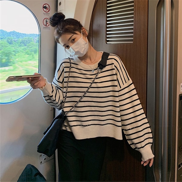 Stribet sweater kvinder rund hals lanterne ærmer sweatere Casual løs strik toppe
