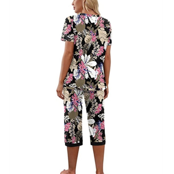 Naisten pyjamat, 2-osainen yöpuku lyhythihainen t-paita ja Capri-housut, musta printti Black Print L