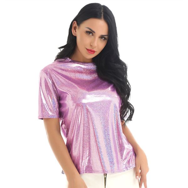 Naisten T-paidat Metallic Top Crewneck kiiltävät T-paidat pinkki pink L