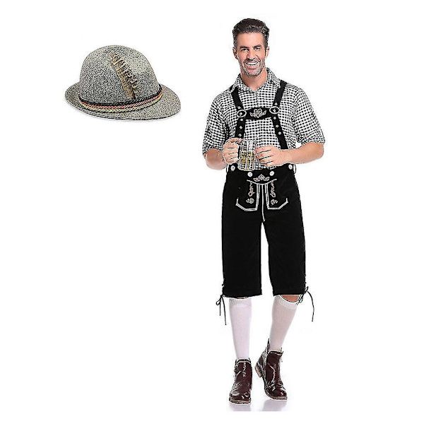 Miesten Baijerin Oktoberfest-setti pukujuhliin ja olutfestivaaleihin - Perinteinen Ederhosen, paita ja hattu Halloween-asuun, musta Black L