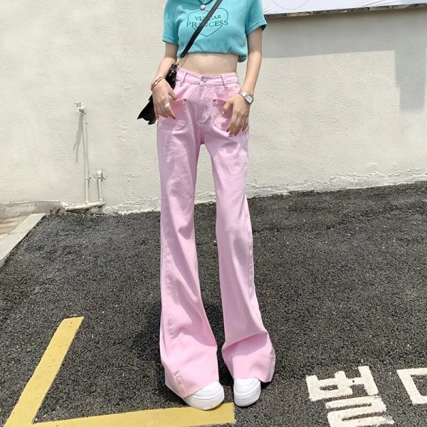 FINORD Retro Ljusrosa Bell Bottom Jeans Dam Med Pocket Streetwear Hög midja Baggy Jeans Lösa koreanska Flare jeansbyxor Pink Pink XL