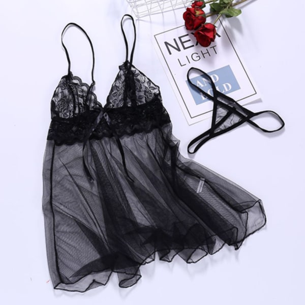 Dam Sexiga Spetsunderkläder Babydoll BH Underkläder Nattlinne Black Black 3XL