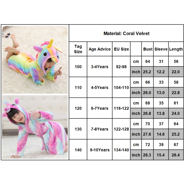 Børnebadekåbe Animal Unicorn Pyjamas Nattøj - pink pink 9-10Years