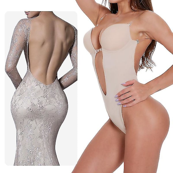 Djup V-ringad kroppsformare för kvinnor Axelbandslös rygglös BH Bodysuit Shapewear U Plunge Seamless stringtrosa Beige XXL-40
