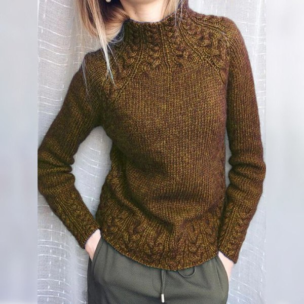 Kvinders langærmede højhalsede striktrøjer ensfarvet sweater Khaki Khaki L