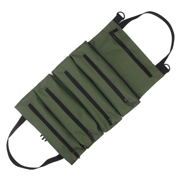 Roll Up Verktygsväska, Canvas skiftnyckel Roll Up Pouch Multifunktionsverktyg Roll Organize, 5 blixtlåsförsedda verktygsfickor green
