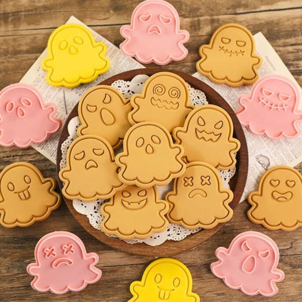 Ghost Cookie Cutter Set - 10 delar plaststämpel för Halloween bakning
