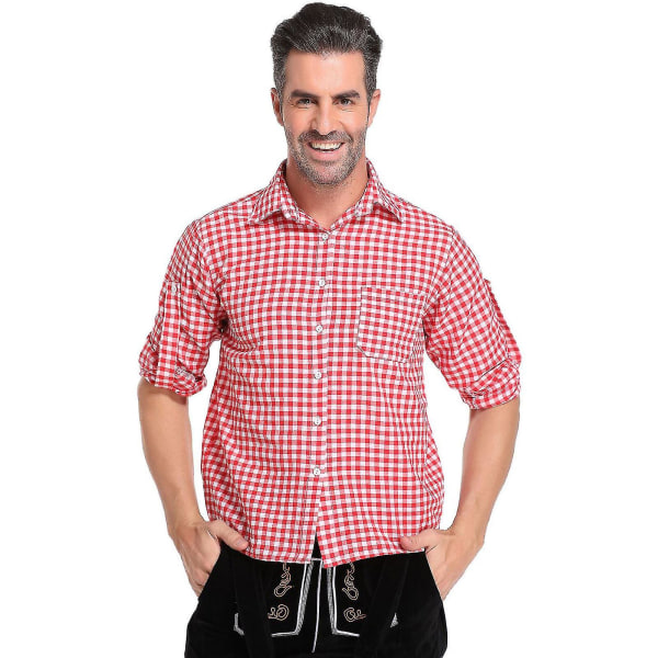 Miesten Baijerin Oktoberfest-setti pukujuhliin ja olutfestivaaleihin - Perinteiset Lederhosen-housut, paita ja hattu Halloween-asuihin, punainen Red 2XL