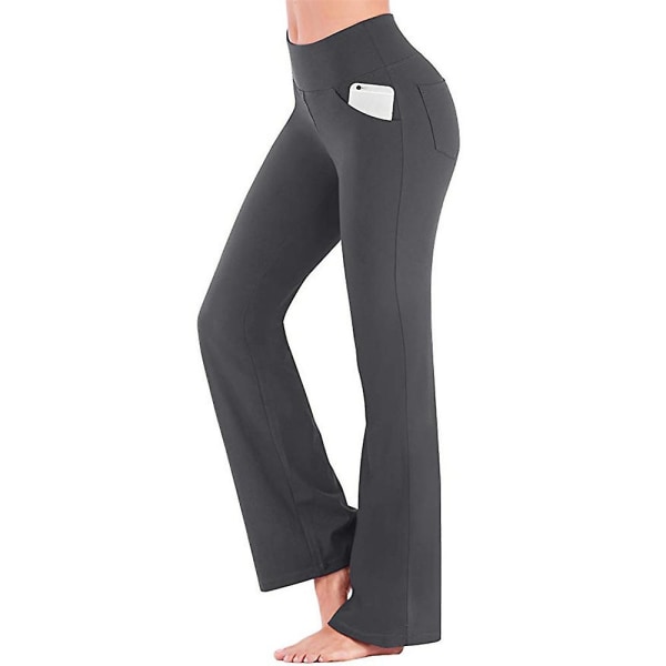 Dam Vanliga elastiska Yogabyxor med hög midja Andas Bekväm Full Längd Vida Ben Byxor ommar Casual Flare Byxor Grey Grey S