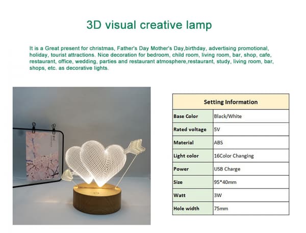 3D LED Nattlys Akryllampe Fjernkontroll 3D