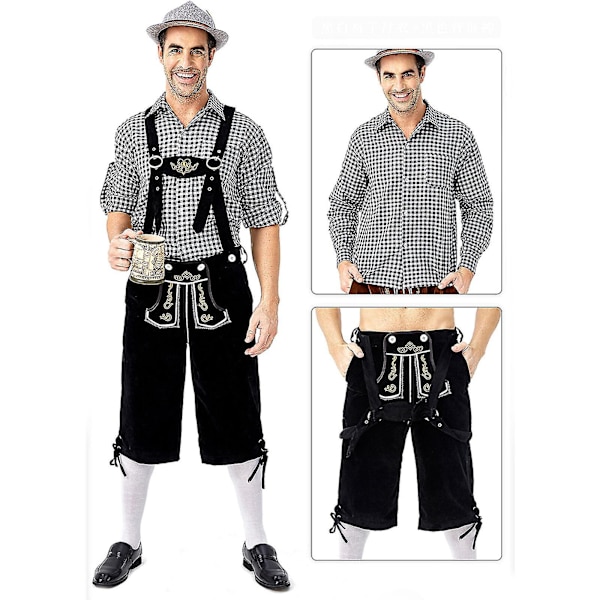 Miesten Baijerin Oktoberfest-setti pukujuhliin ja olutfestivaaleihin - Perinteiset Lederhosen-housut, paita ja hattu Halloween-asuun, musta Black XL