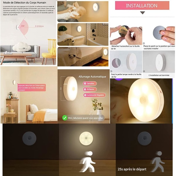 Garderobeskap med bevegelsessensor, vegglys for nattlys USB oppladbar LED