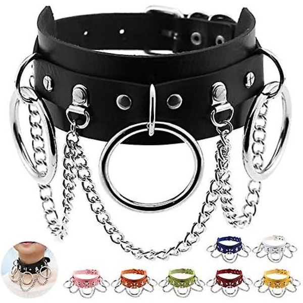 Punk Street Snap Nattklubb Pu Läder Choker Metall Ring Kedja Halsband Krage Nitar Goth Bälte