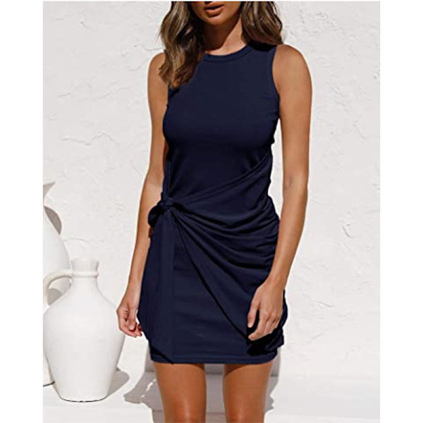 2023 Damer sommar Casual ärmlös strandtankklänning Bodycon Ruched miniklänningar Navy blue Navy blue L