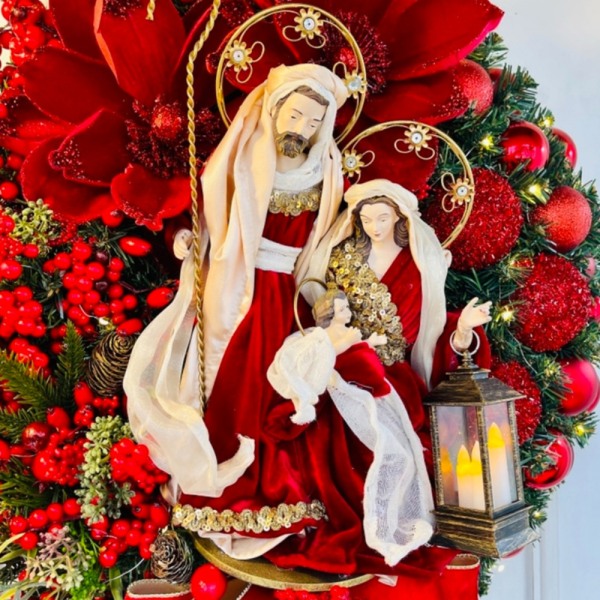 Jul Jesus Kristus Dørkrans Hengende Ornament Dekor rød red 30cm