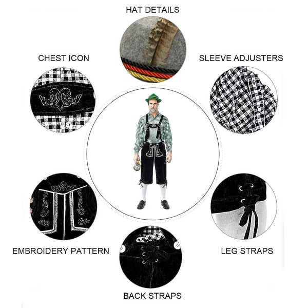 Miesten Baijerin Oktoberfest-setti pukujuhliin ja olutfestivaaleihin - Perinteiset Lederhosen-housut, paita ja hattu Halloween-asuun, musta Black 2XL