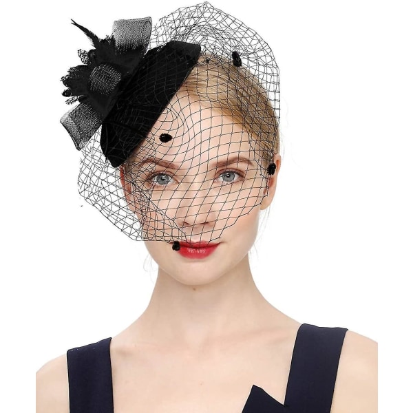 Bowknot Fascinator Hat Veil Mesh pandebånd til kvinder (sort)