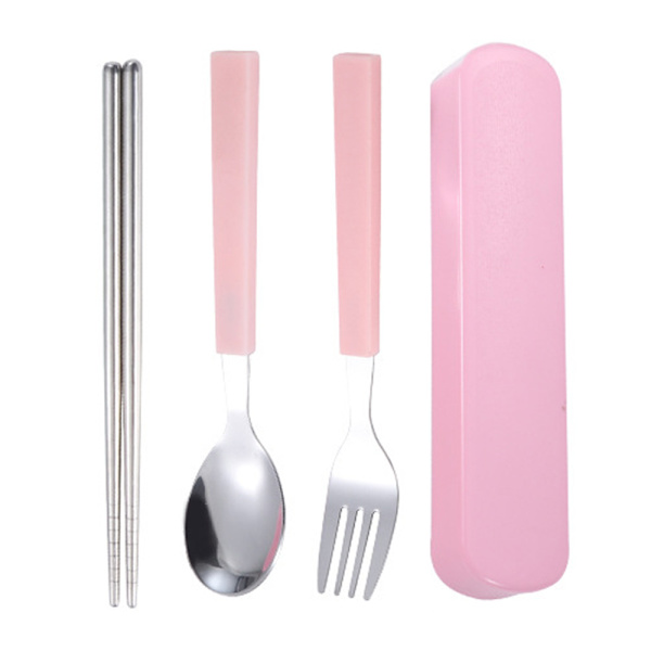 Servis set i rostfritt stål med låda, för camping, resor pink