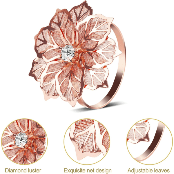 Hollow Out Flower Napkin Rings Set of 20 for Wedding Party Holiday Banquet Christmas Dinner Delicate Serviette Buckles Decor Favor () Rose Gold