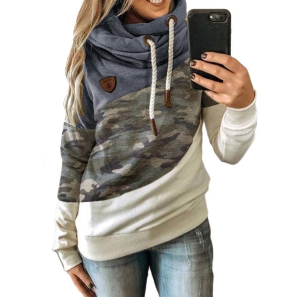 Huvtröja för kvinna med turtleneck sweatshirt hoodie sport camo tröja Camouflage+blue Camouflage+blue L