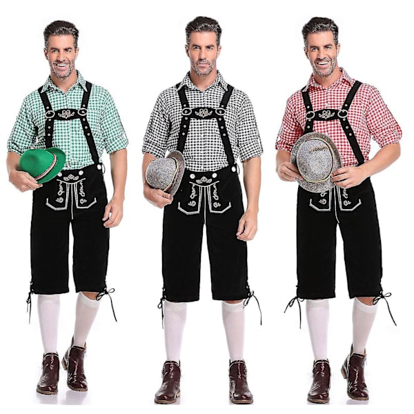 Miesten Baijerin Oktoberfest-setti pukujuhliin ja olutfestivaaleihin - Perinteiset Lederhosen-housut, paita ja hattu Halloween-asuihin, punainen Red 2XL