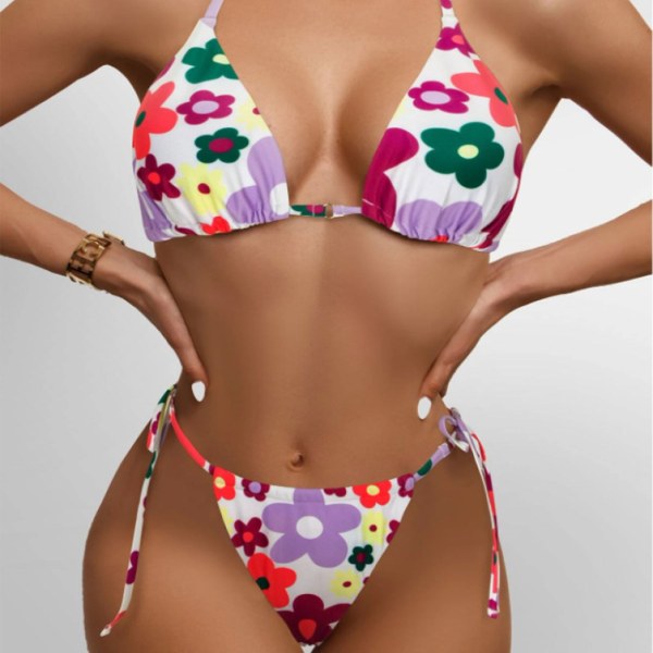 Tvådelad kvinnlig printed mjuk väska Bikini knuten Kvinnor Sexig baddräkt Strandkläder Färgglada Populära ila badkläder Small green flower Small green flower L