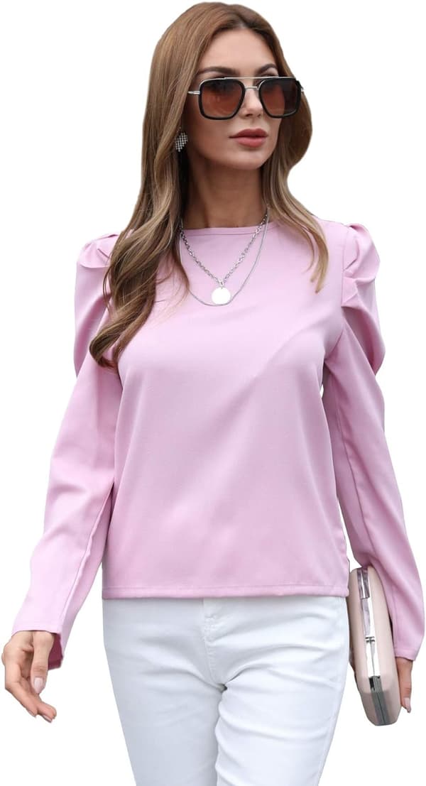 Kvinders Solid Puff Sleeve T-shirt med rund hals