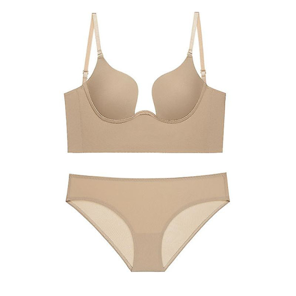 Kvinders lav ryg BH Wire Lifting Dyb U-formet dyk rygløs BH med konvertible klare stropper nøgen Nude 70A
